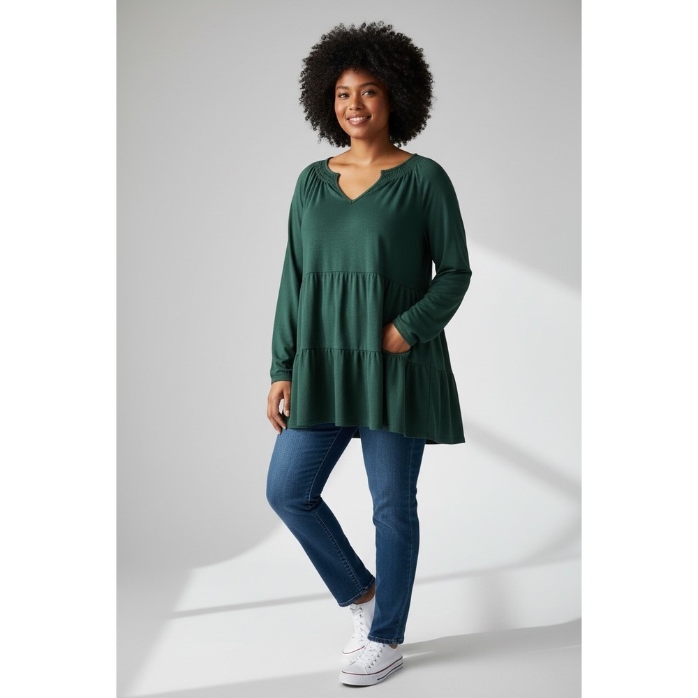 NWT Wonderly Julianna Crepe Tiered Tunic Top Green Long Sleeve Womens Size‎ XL